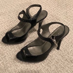 Black patent leather peep toe heels size 8